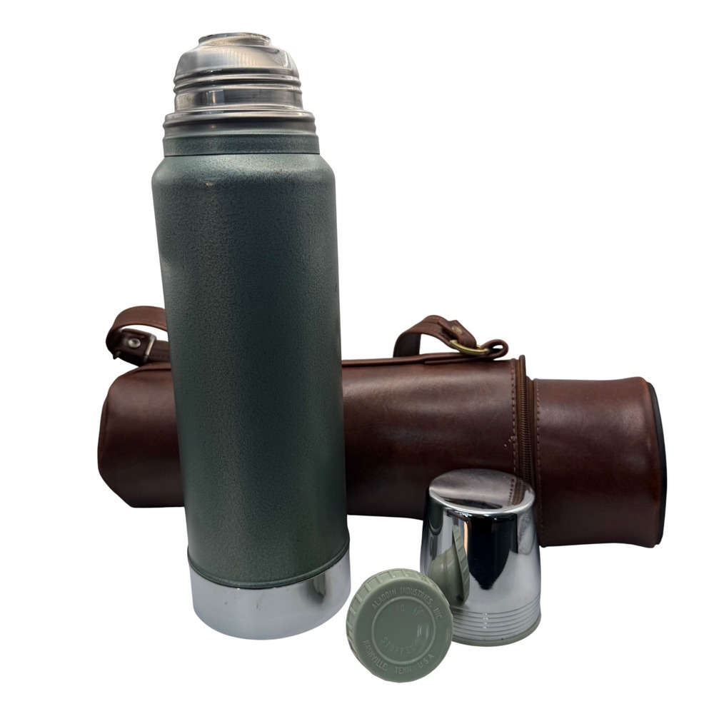 Vintage Aladdin Stanley A-944C 1 Quart Thermos Green Hammertone Leather Case